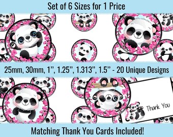 Panda Bears Blossom 1 inch 25mm 30mm 1.25" 1.313" 1.5" Round Images Digital Collage Sheet For Pins Buttons Bottle Caps Pendants Keychains
