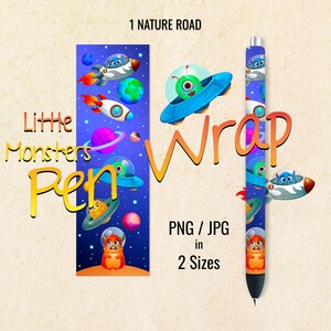 May include: A digital download of a pen wrap design featuring cute cartoon monsters in spaceships and flying saucers on a blue background with stars. The design is available in PNG and JPG formats in two sizes. The text "Little Monsters Pen Wrap" is included in the design.