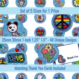 May include: Set of 40 unique denim iron-on patches in five sizes: 1 inch, 1.25 inches, 1.5 inches, 25mm, and 30mm. The patches feature a variety of designs, including peace signs, flowers, animals, and hearts. The set also includes matching thank you cards.