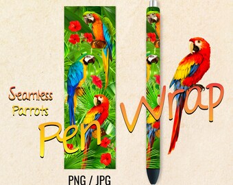 Involucro di penna parrot senza cuciture, inchiostro naturaleJoy Wraps, disegni di download digitali stampabili per acquascivolo, vinile, resina epossidica, PNG e JPG