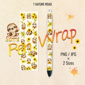 Könnte beinhalten: Ein digitaler Download eines Stift-Wrap-Designs mit einem sich wiederholenden Muster aus Faultieren und Sonnenblumen. Das Design ist in den Formaten PNG und JPG in zwei Größen verfügbar.