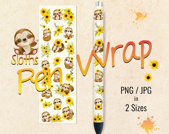 May include: A digital download of a pen wrap design featuring a repeating pattern of sloths and sunflowers. The design is available in PNG and JPG formats in two sizes.