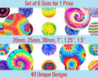 Tie Dye Hippy 1 inch 20mm 25mm 30mm 1.25" 1.5 inch Round Images Digital Collage Sheet For Pins Buttons Bottlecaps Pendants Keychains