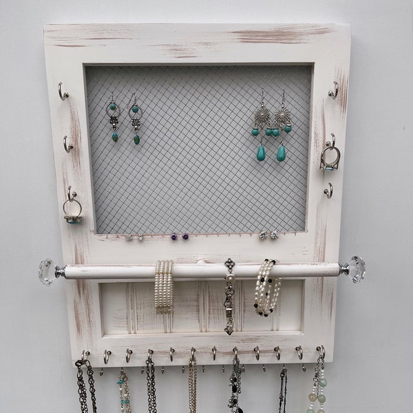 15" Jewelry Organizer – Wall Hanging Display Organizer for Earrings, Bracelets and Necklaces - White-Distressed - Free Shipping