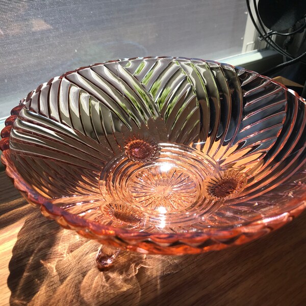 Pink Depression Glass 3-Footed Swirl-Patterned Bowl