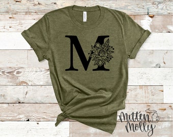 Floral Letter T-Shirt, Custom Letter Shirt, Any Letter Of Alphabet, Bella Canvas, Unisex, Gift For Her, Gift For Friend, Personalized Shirt