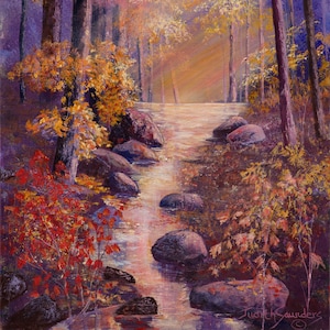 May include: A painting of a forest path with a stream running through it. The trees are mostly bare, but some have leaves in shades of yellow, orange, and red. The stream is clear and shallow, and there are rocks in the water. The painting is done in a realistic style, with a soft, muted palette.