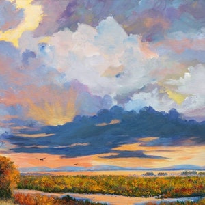 May include: A painting of a landscape with a dramatic sky. The sky is filled with large, fluffy clouds in shades of purple, blue, and white. The sun is setting, casting a warm glow on the clouds. In the distance, there is a forest and a river. The painting is done in a realistic style.