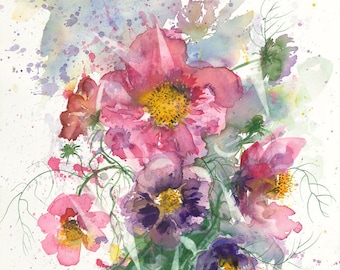 watercolour of flowers, Giclee prints, pink flowers, pink cosmos, floral arrangement, soft colours, art painting, Free Shipping
