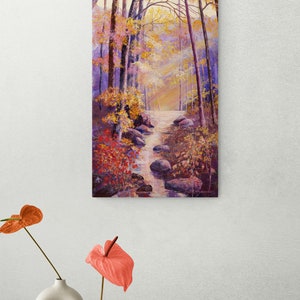 May include: A painting of a forest path with a stream running through it. The trees are mostly bare, but some have leaves in shades of yellow, orange, and red. The stream is clear and flowing over rocks. The sun is shining through the trees, creating a warm glow.