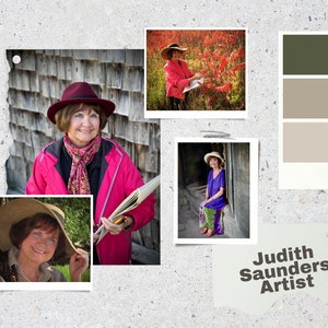 May include: A collage of photos featuring a woman wearing different hats and outfits. The photos are arranged on a textured gray background with a color palette and the text "Judith Saunders Artist".