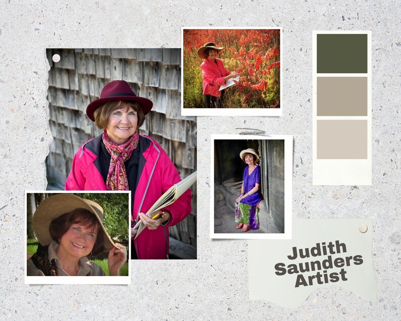 May include: A collage of photos featuring a woman wearing different hats and outfits. The photos are arranged on a textured gray background with a color palette and the text "Judith Saunders Artist".