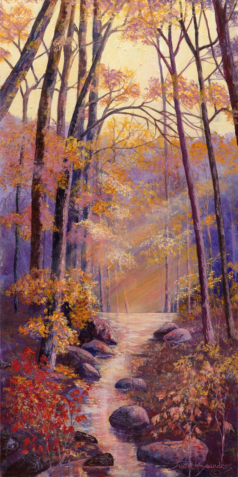 May include: A painting of a forest path with a stream running through it. The trees are mostly bare, but some have leaves in shades of yellow, orange, and red. The stream is clear and shallow, and there are rocks in the water. The painting is done in a realistic style, with a soft, muted palette.