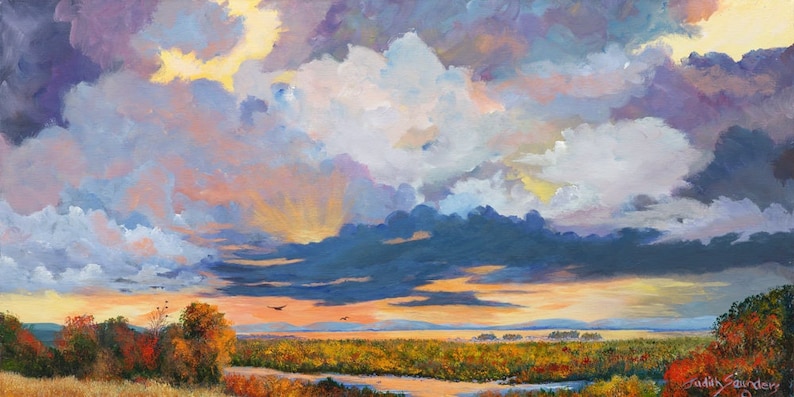 May include: A painting of a landscape with a dramatic sky. The sky is filled with large, fluffy clouds in shades of purple, blue, and white. The sun is setting, casting a warm glow on the clouds. In the distance, there is a forest and a river. The painting is done in a realistic style.