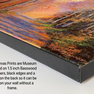 May include: A close-up of the edge of a canvas print, showing the 1.5 inch basswood stretcher bars, black edges, and a hanger on the back. The text "Our Canvas Prints are Museum Mounted on 1.5 inch Basswood stretchers, black edges and a hanger on the back so it can be hung on your wall without a frame." is visible below the print.