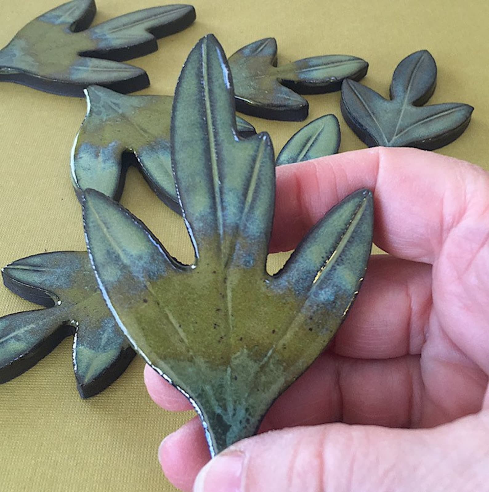 Ceramic Leaves in 3 Green Shades, Handmade Green Leaf Tiles for Mosaic