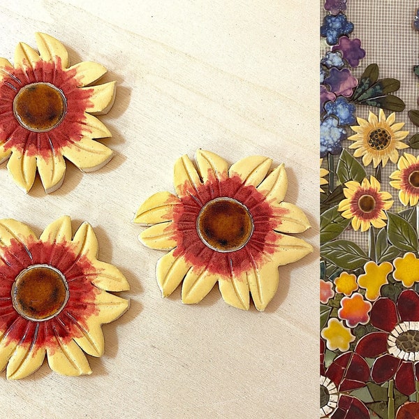 Sunflowers Mosaic Tiles, Ceramic Flower Tiles  (3 flowers)