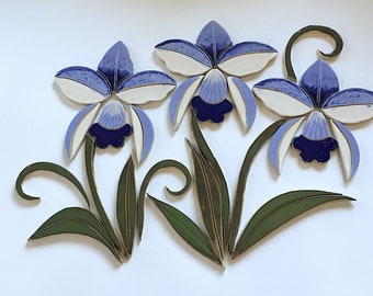 Set of 3 blue and white Orchids ceramic tiles for mosaic and wall decoration