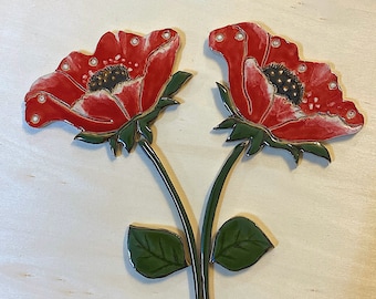 Poppies with Hummingbirds, Ceramic Flower Tiles Set for Mosaic and Wall Decor