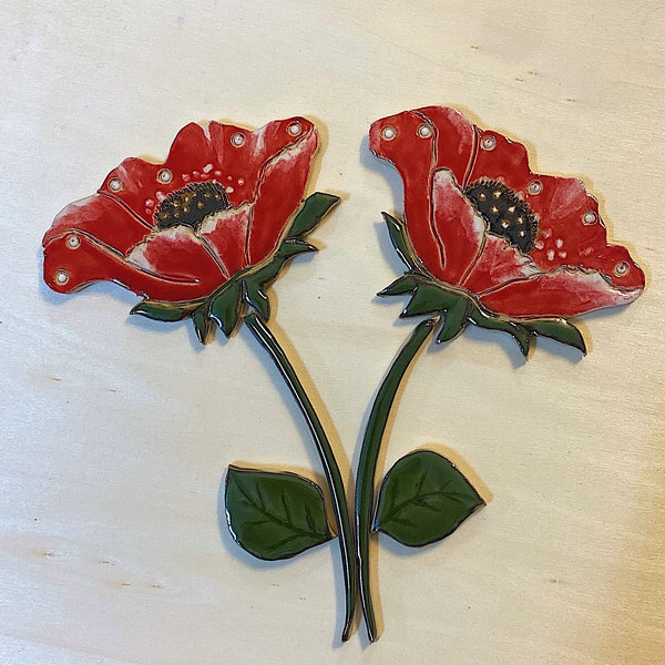 Poppies with Hummingbirds, Ceramic Flower Tiles Set for Mosaic and Wall Decor
