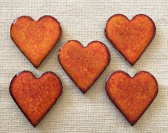 Orange ceramic heart tiles for mosaic (5 pieces)