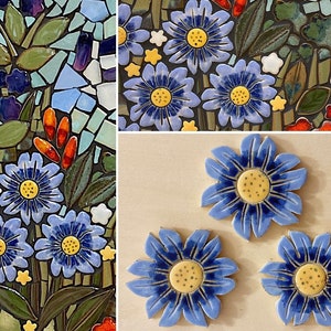Ceramic Flower Tiles,  Light Blue Flower Tiles, Mosaic Tiles  (3 pieces)