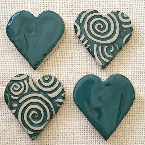 Turquoise Decorated ceramic heart tiles for mosaic (4 pieces)