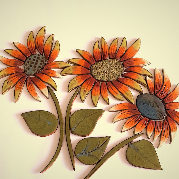 Three Extra Large Ceramic Sunflowers, Tiles  Set for Mosaic and Wall Decor