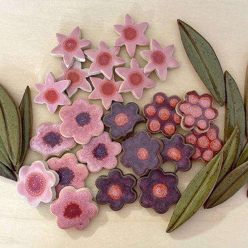 Colorful  Ceramic Flower tiles in Pink and Purple, and green leaves (32 pieces set)
