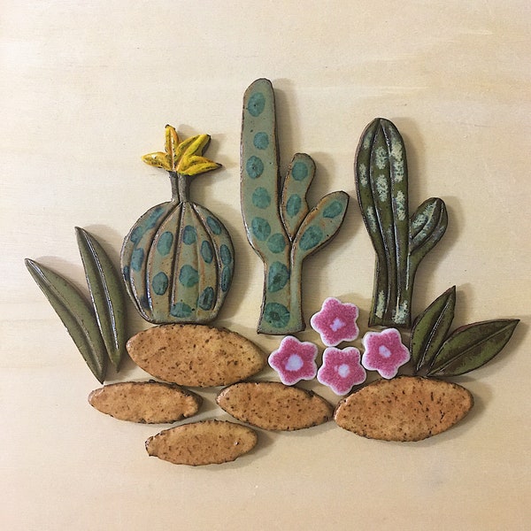 Cactus Garden Tiles set , Handmade Mosaic Tiles (16 pieces)