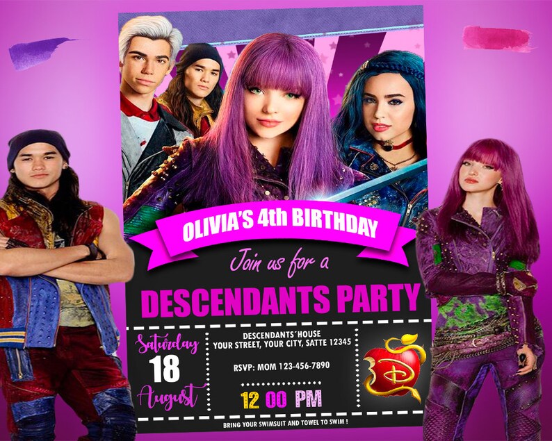Descendants 3 Birthday Invitation Mal Party Invite Custom | Etsy