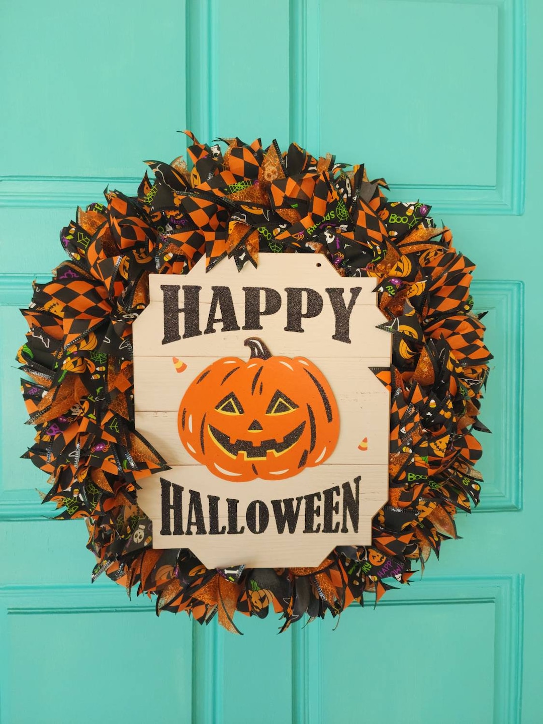 Halloween Ribbon Wreath - Orange and Black Fall Door Decor - Etsy
