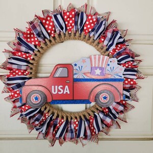 4th of July Wreath, Truck Wreath, Red White and Blue Wreath, Independence Day Wreath, Door Decor, Summer Wreath, Flat Wreath