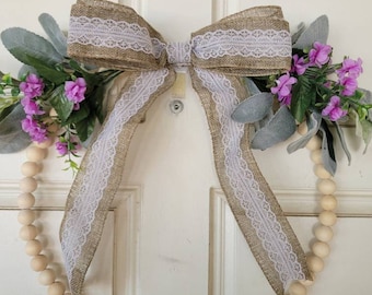 Farmhouse Wooden Bead Wreath with Lambs Ear, Door Decor