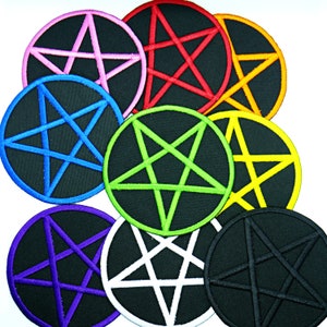 May include: Nine embroidered iron-on patches featuring a pentagram in various colors, including black, red, green, blue, yellow, pink, and white.