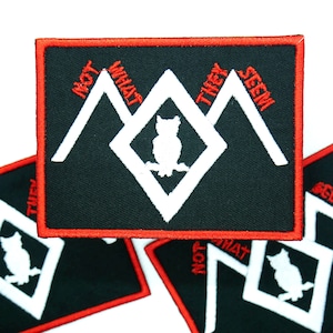 May include: Black embroidered patch with a white owl and the text "Not What They Seem" in a white diamond shape.
