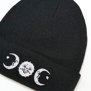 Ouija Sun and Crescent Moon Embroidered Black Beanie