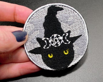 Triple Moon Halloween heks zwarte kat geborduurde kleine opstrijkbare patch