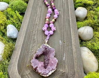 Kunzite, Imperial Jasper, Coral Mala with Druzy Agate Pendant