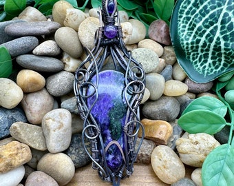 Charoite pendulum with Amethyst accents wrapped in tarnished copper