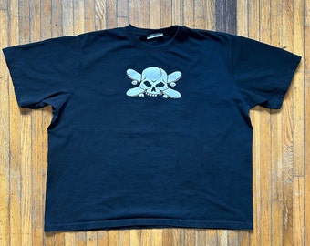 Vintage 1990s Utility Brand T Shirt XXL Black Skull Skateboarding Crossbones Y2K Boxy Fit Baggy Skate
