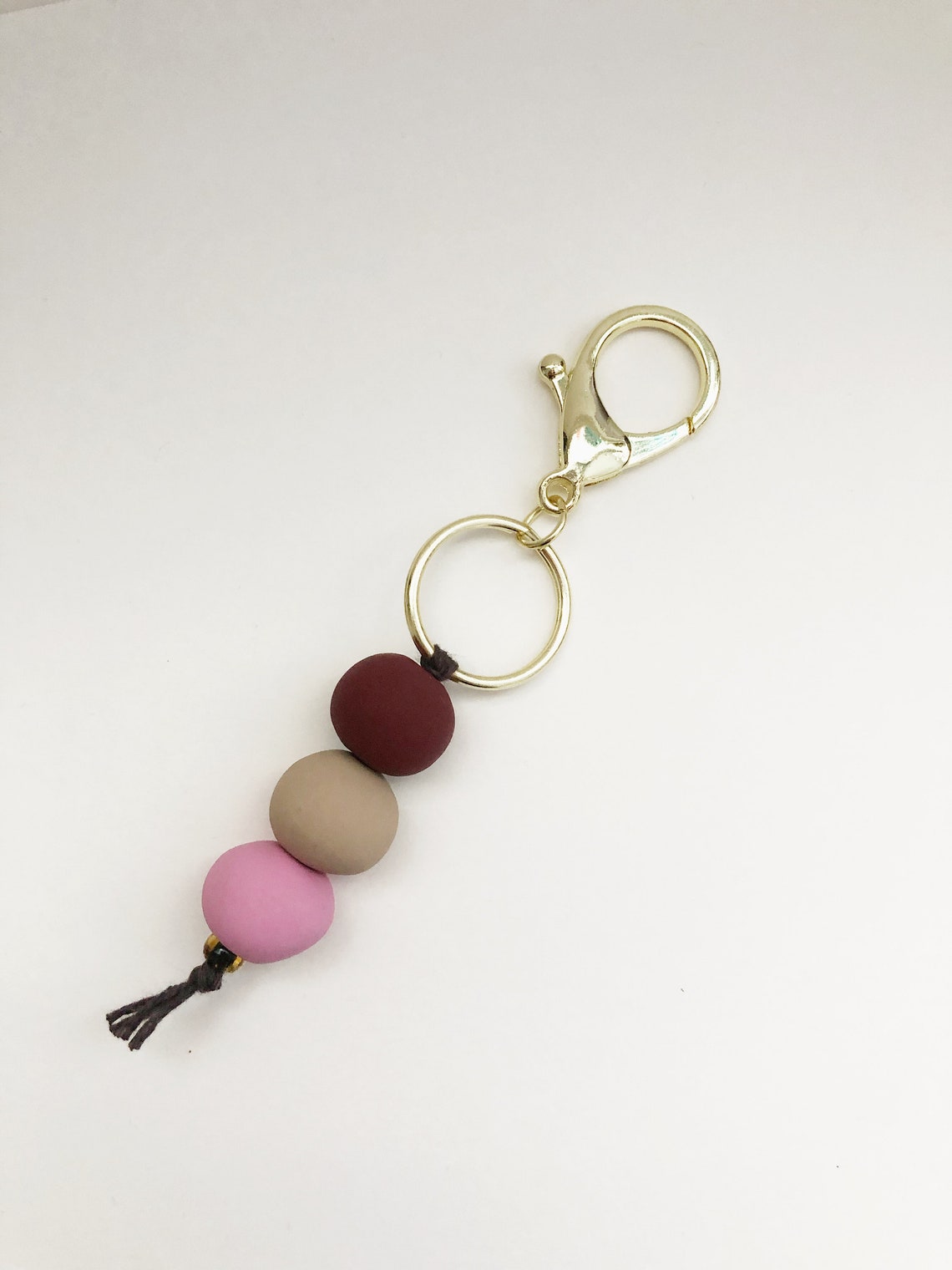 Polymer Clay Bead Keychain Maroon Tan Pink Etsy