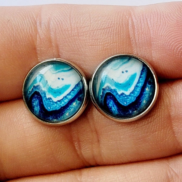 Agate Stud Earrings, Ocean Wave Style Agate Earrings, Blue Studs, Blue Geode Stud Earrings, Large Studs