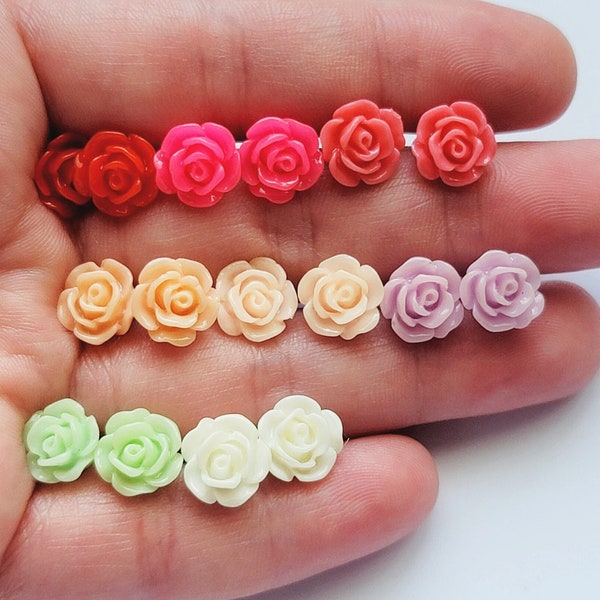 Rose Stud Earrings, Colorful Rose Flower Stud Earrings, Stainless Steel Studs, Cute Statement Post Earrings, Acrylic Rose Stud Earrings