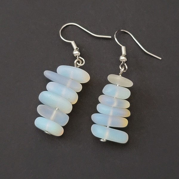 Sea Glass Earrings, Opalite Frosted Sea Glass Dangle Chip Earrings, Opal Sea Glass Nugget Earrings, Matte Opalite Sea Glass Jewelry