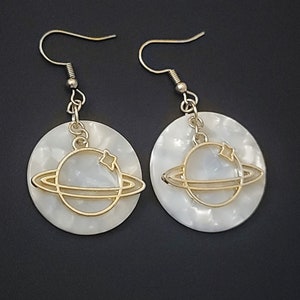 Gold Planet Statement Dangle Earrings, Iridescent Space Earrings, Saturn Planet Earrings, Outer Space Gold Earrings, Statement Earrings