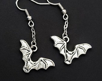 Bat Earrings, Silver Dangle Bat Earrings, Halloween Bat Earrings, Spooky Flying Bat Earrings, Halloween Earrings, Silver Bat Earrings