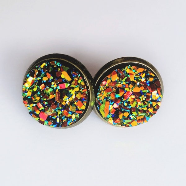 Rainbow Druzy Stud Earrings, Large Metallic Rainbow Space Druzy Studs, Large Statement Metallic Flashy Faux Plug Holographic Stud Earrings