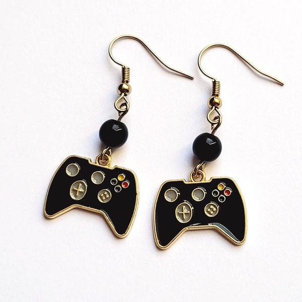 Gamer Earrings, Gamer Jewelry, Fun Console Black Handheld Game Unisex Earrings, Video Game Jewelry, Black and Gold Earrings for Them
