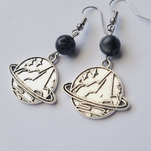 Planet Earrings, Celestial Planetary Earrings, Larvikite Stone Silver Outer Space Earrings, Unique Space Earrings, Science Teacher Earrings